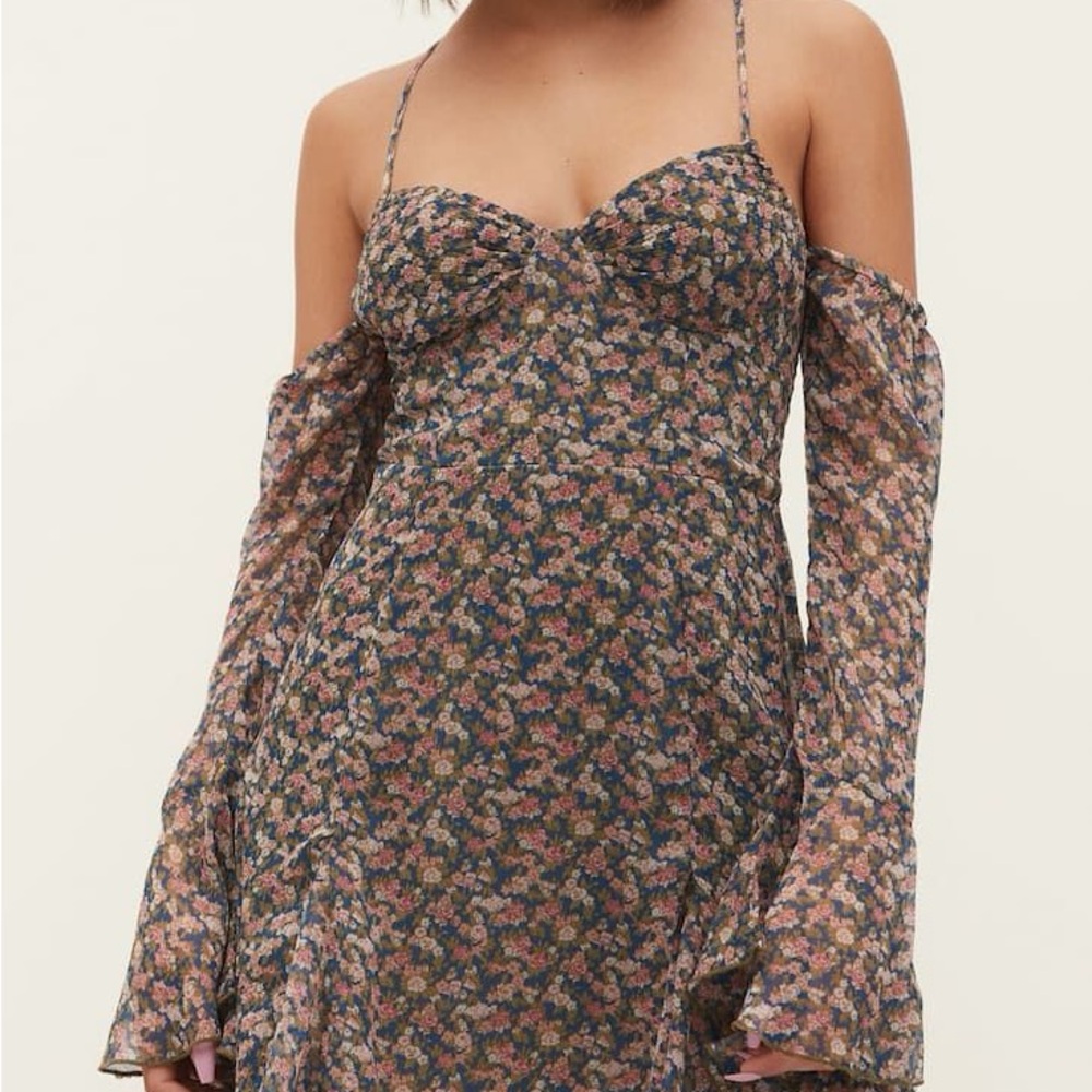 Stradivarius Floral Long Sleeve Halter Tie/ Off Shoulder Flowy Mini Dress Small